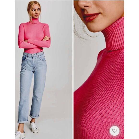 525 American Pink Form Fitting Ribbed Knit Long Sleeve Turtleneck Top Small - Picture 8 of 8